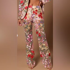 Fashion Nova Erin Nude Sheer Boot Cut Pants with Multicolor Floral Embroidery